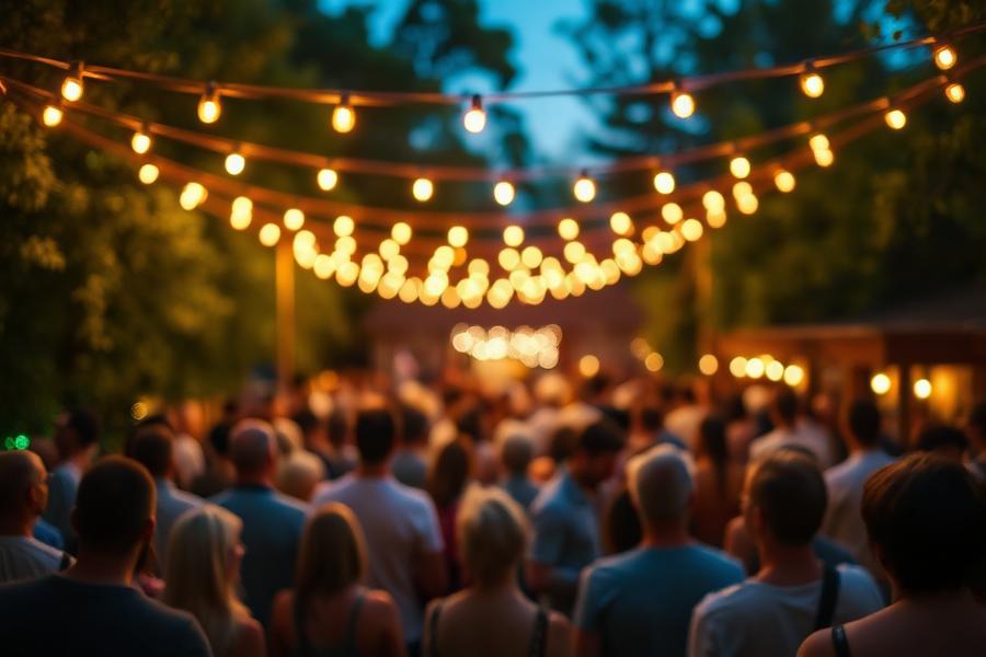 Convidados em festa ao ar livre sob luzes