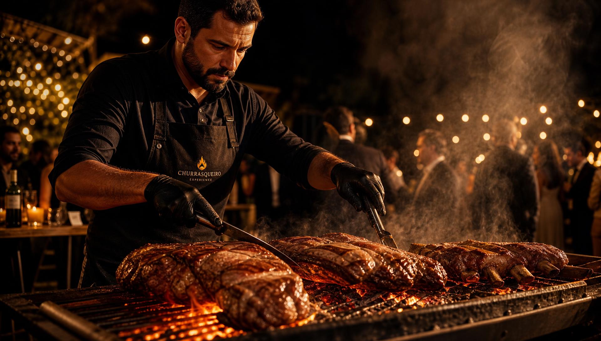 Churrasqueiro preparando carnes na grelha durante um evento ao ar livre
